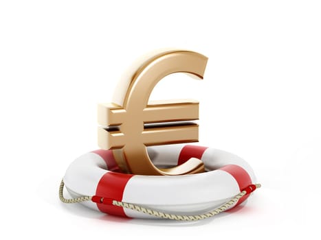 Gold euro symbol inside life buoy isolated on white background.