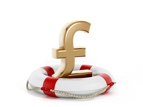 Gold pound sign inside life buoy isolated on white background.