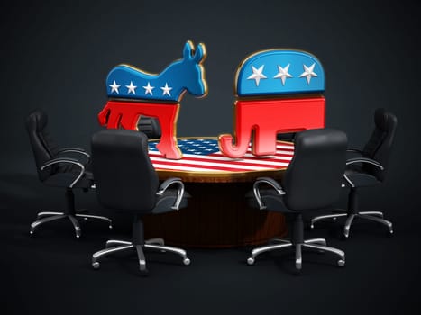 USA Political party symbols standing on American flag covered table.