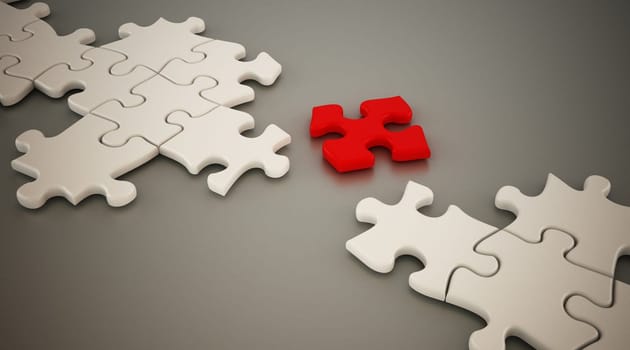 Red puzzle part standing between white puzzle parts. 3D illustration.