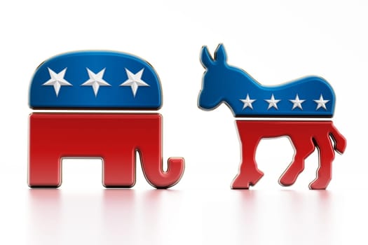 USA Political party symbols isolated on white background. Elephant for Republicans and donkey for the democrats.