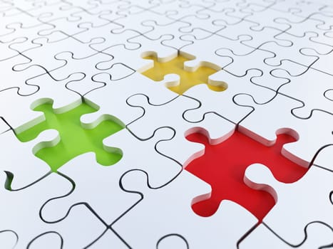 Jigsaw puzzle background with green, yellow and red holes.
