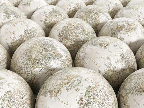 Stack of globes with old world texture map.