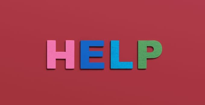 Help, word written in wooden colorful alphabet letters on red background. Concept of support and assistance to people escaping from war. Top view. Copy space