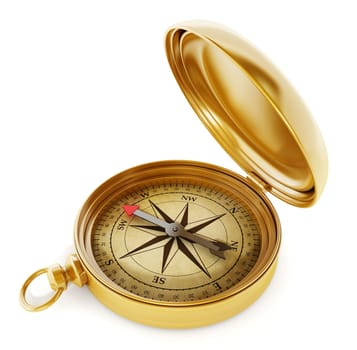 Vintage compass standing on old world map