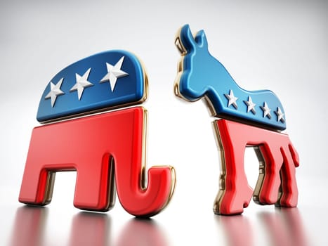 USA Political party symbols isolated on white background. Elephant for Republicans and donkey for the democrats.