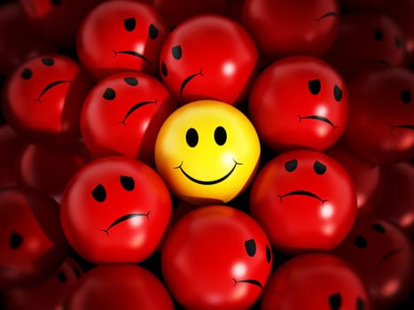 Yellow smiling face stands out against red spheres.