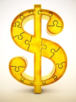 Gold dollar symbol made of puzzle parts. 3D illustration.
