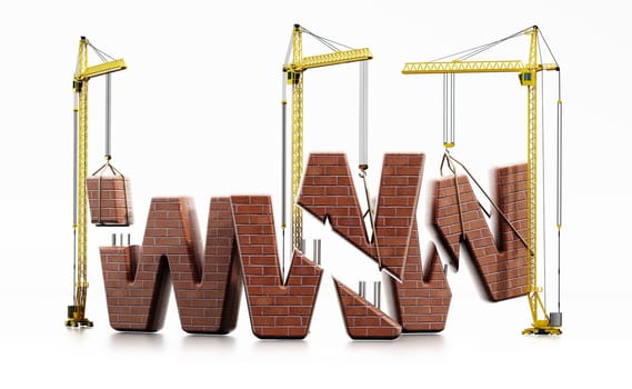 Brick www letters carried by construction cranes forming www word.