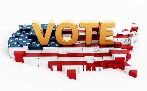 Golden vote text standing on USA map covered with USA flag isolated on white background