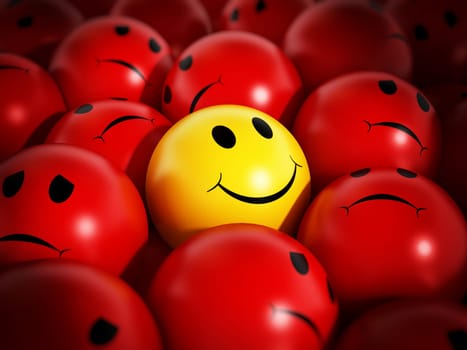 Yellow smiling face stands out against red spheres.