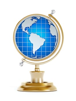 Golden trophy with earth map. 3D illustration.