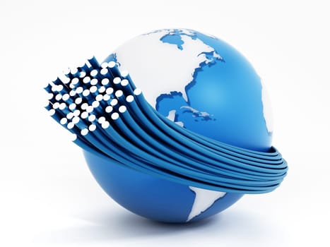 Fiber optic cables around the globe isolated on white background. 3D illustration.