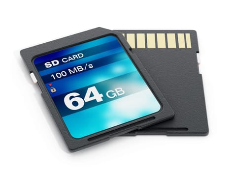 64 GB SD card isolated on white background. 3D illustration.