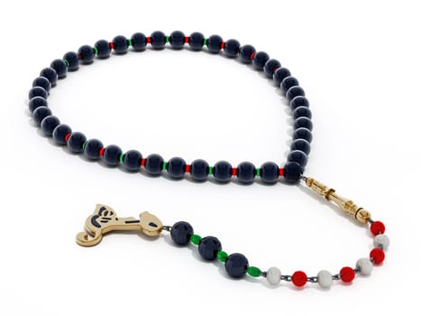 Praying beads with black, red and green gems. 3D illustration.