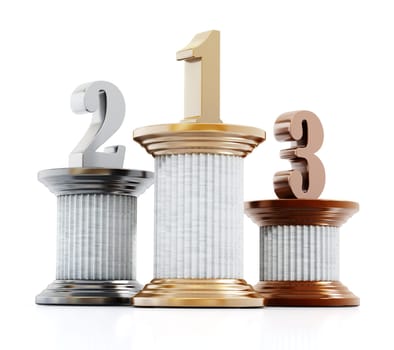 Pillars with one, two and three numbers. 3D illustration.