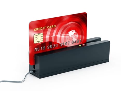 Red credit card on POS terminal. 3D illustration.