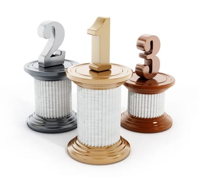Pillars with one, two and three numbers. 3D illustration.