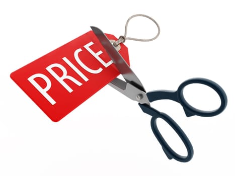 Scissors cutting price tag isolated on white background. 3D illustration.
