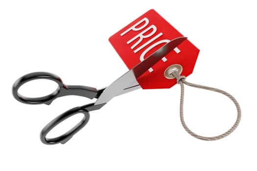 Scissors cutting price tag isolated on white background. 3D illustration.