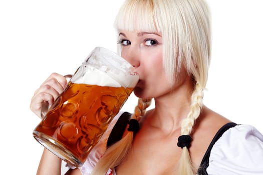 Blonde woman drinks beer