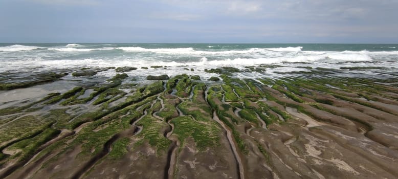 The Laomei Green Stone Trough is located in Shimen District on the North Coast, Every April and May, because the northeast monsoon slowly weakens, the local rock trough scientific name: tidal trench and sea erosion trench is covered with a large green seaweed