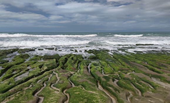 The Laomei Green Stone Trough is located in Shimen District on the North Coast, Every April and May, because the northeast monsoon slowly weakens, the local rock trough scientific name: tidal trench and sea erosion trench is covered with a large green seaweed