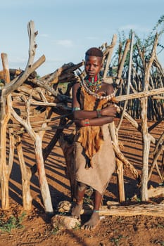 Turmi, Omo River Valley, Ethiopia - May 10, 2019: Portrait of a young beautiful woman in Hamar village. Hamars are the original tribe in southwestern Ethiopia. South Ethiopia Africa