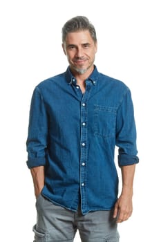 Casual older white man isolated on white, smiling.