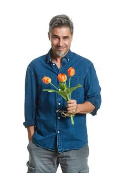 Casual older white man holding bouquet öf flowers, tulips, isolated on white, smiling.