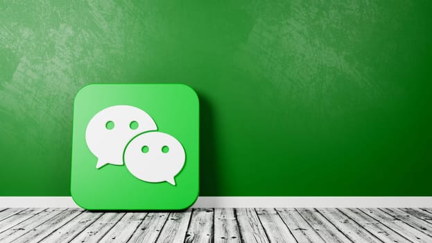 Wechat App Icon 3D Symbol Shape on Wooden Floor Against Green Wall with Copy Space 3D Render Illustration