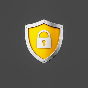 Yellow Metallic Shield Shape with Padlock Isolated on Flat Dark Gray Background 3D Illustration