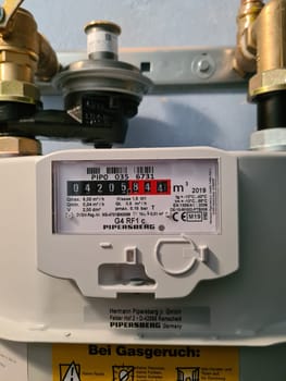 HEILIGENHAUS, NRW, GERMANY - JANUARY 28, 2021:.Residential gas meter and pressure regulator