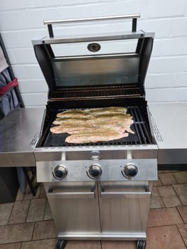 Professional chef cooking fish on a barbeque