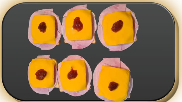 Hawaiian toast with ham, cheese and pineapple on a cutting board on a dark background, horizontal