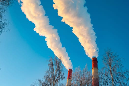 white smoke is coming out of the pipes in the blue sky. High quality photo