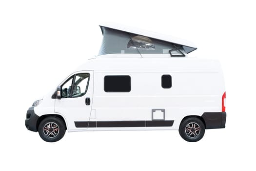 side view of white campervan RV motorhome with open camping tent on top isolated on background