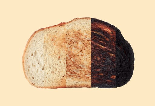 top view closeup of slice of bread toast with different stages of toasting from unroasted to completely burnt isolated on brown background