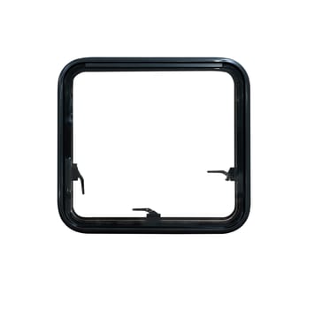 closeup of black camp caravan window hatchet isolated on white background with square shape