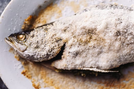 close up of sicilian italian salt baked seabass fish