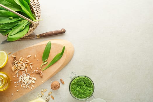 Making Fresh ramson or wild garlic pesto. Healthy spring food concept