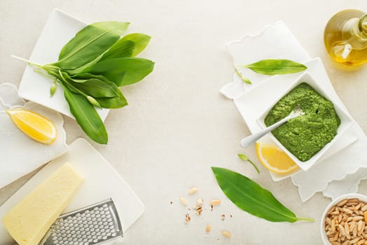 Making Fresh ramson or wild garlic pesto. Healthy spring food concept