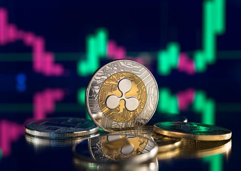 Bitcoin and cryptocurrency investing concept. Cryptocurrency golden coin with gold ripple symbol. Rise and fall charts of alt coins.