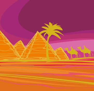 Bedouin camel caravan in wild africa landscape illustration