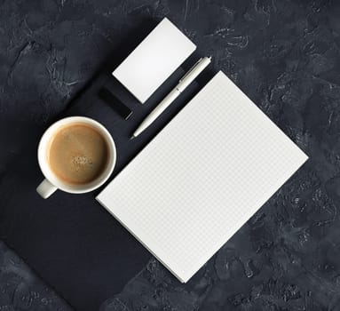 Blank corporate identity template. Photo of blank stationery set. Mockup for design presentations and portfolios. Top view.