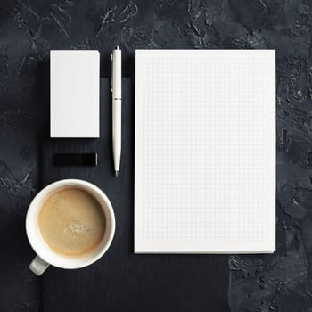 Corporate identity mockup. Blank stationery set on black plaster background. Responsive design template. Top view.