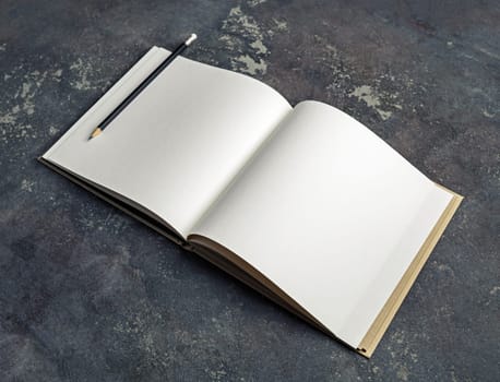 Photo of blank book and pencil on concrete background. Branding mock up.