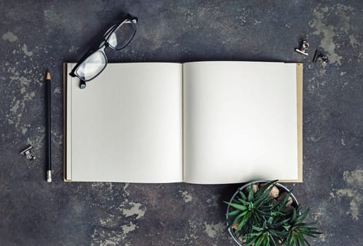 Photo of blank brochure, succulent plant, pencil and glasses on concrete background. Responsive design mockup. Top view.