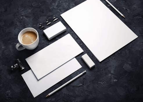 Corporate identity template. Branding mock up. Blank business stationery mock-up on black plaster background.