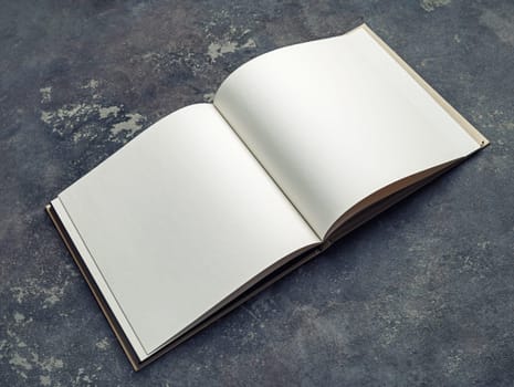 Blank open brochure on concrete background. Responsive design mockup.